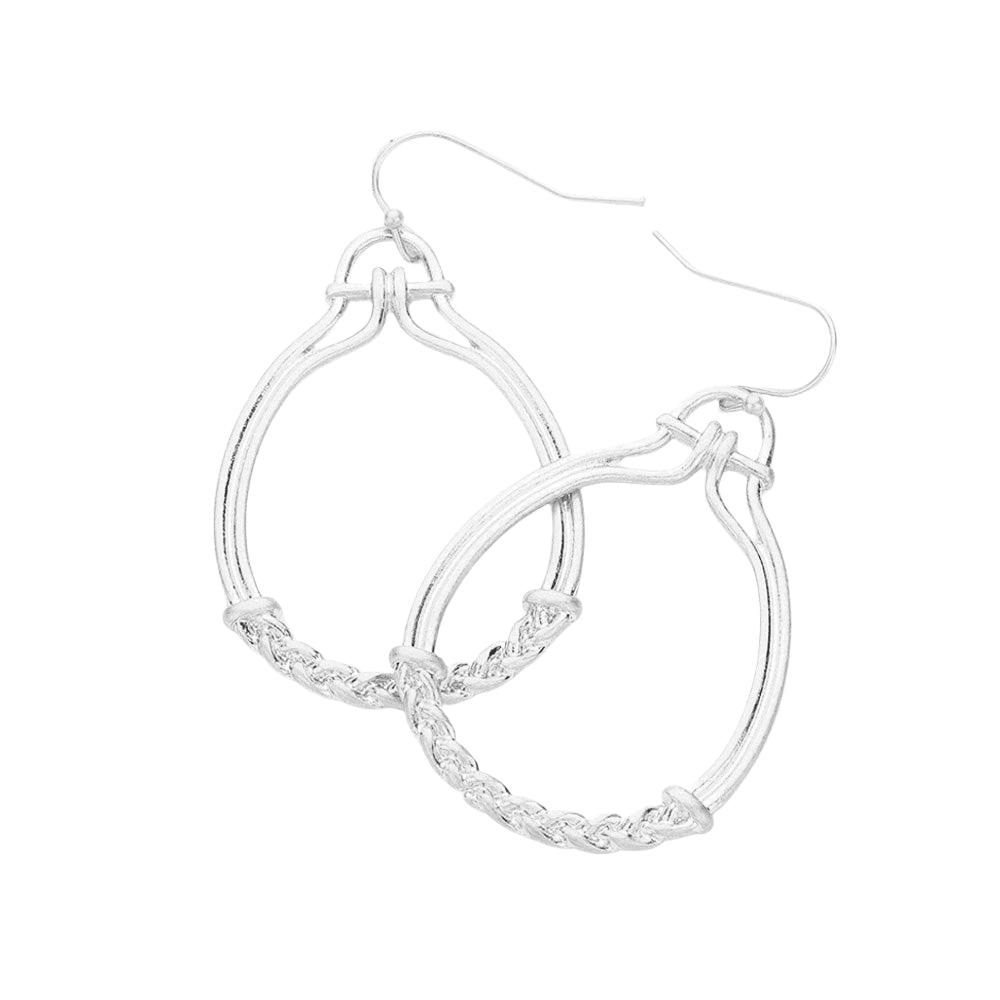 Silver Braided Metal Pointed Open Oval Dangle Earrings