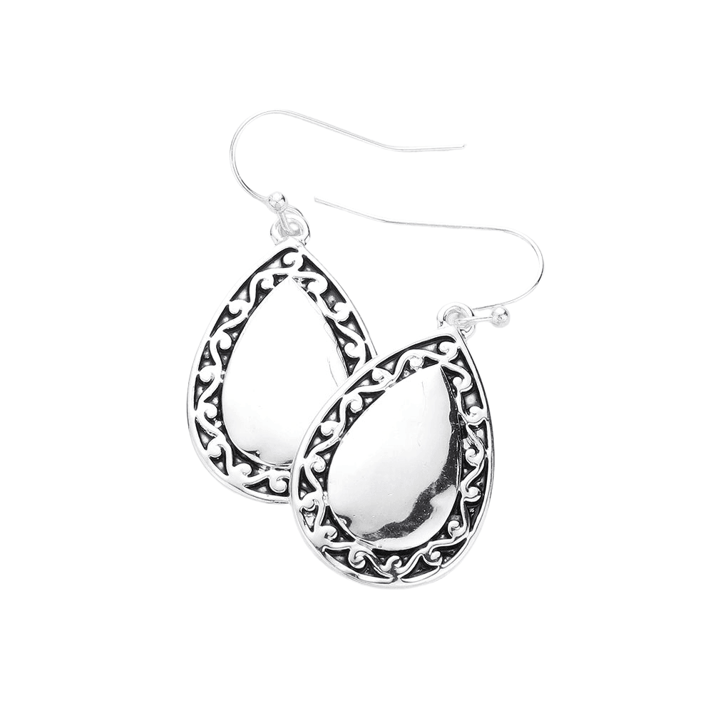 Silver Antique Metal Teardrop Dangle Earrings