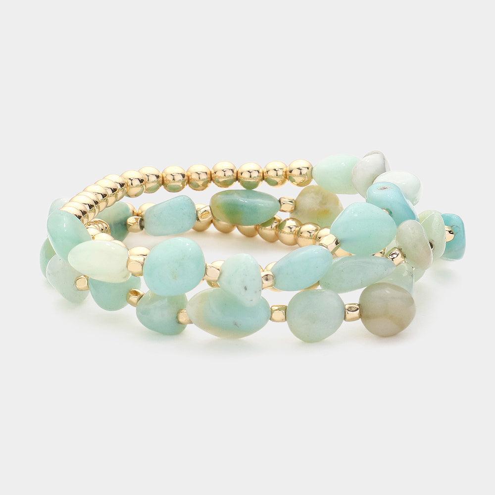 Gold 3PCS - Natural Stone Accented Metal Ball Beaded Stretch Multi Layered Bracelets