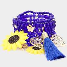 Load image into Gallery viewer, Blue 7PCS - Sunflower Butterfly Heart Tree of Life Tassel Charm Faceted Beaded Stretch Bracelets
