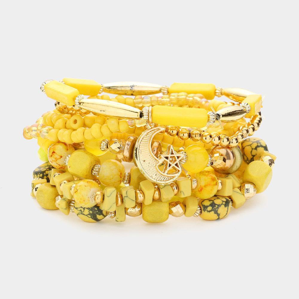 Yellow 9PCS - Moon Star Flower Metal Charm Multi Beads Beaded Multi Layered Bracelets