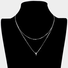 Load image into Gallery viewer, Brass Metal Rhinestone Cross Pendant Double Layered Necklace
