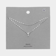 Load image into Gallery viewer, Brass Metal Rhinestone Cross Pendant Double Layered Necklace

