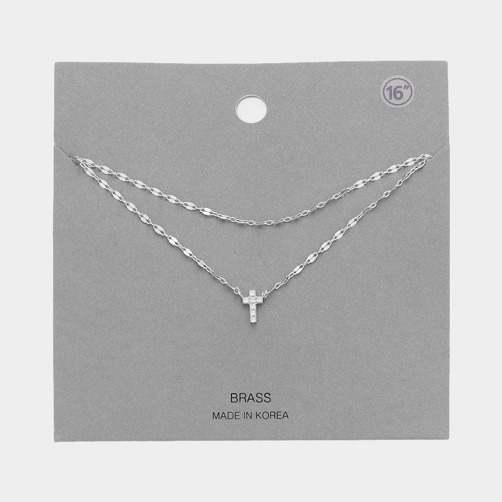 Brass Metal Rhinestone Cross Pendant Double Layered Necklace