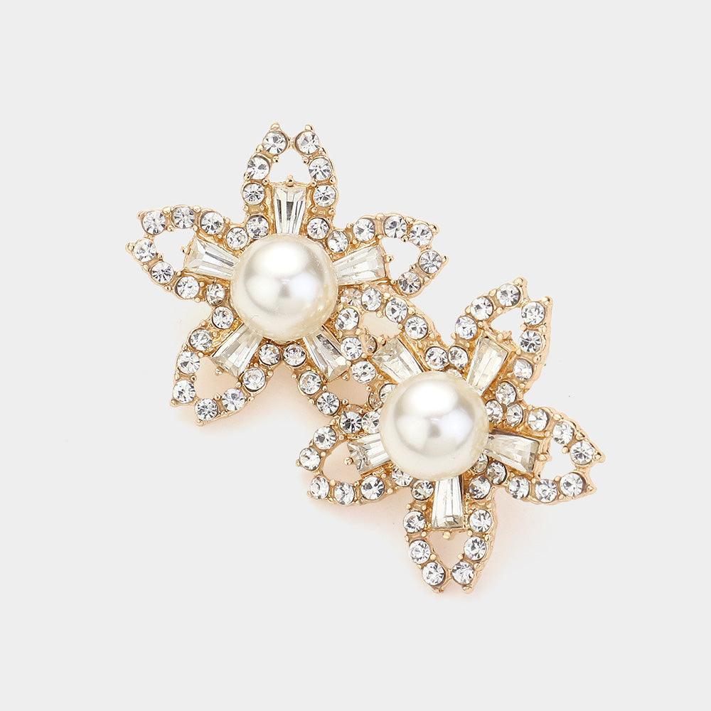 Cream Pearl Pointed Stone Paved Flower Earrings