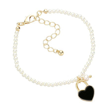 Load image into Gallery viewer, Black Enamel Heart Charm Pendant Pearl Bracelet
