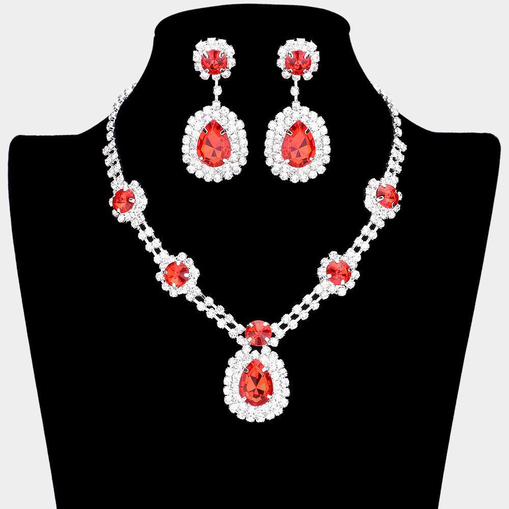 Red Teardrop Accented Rhinestone Necklace
