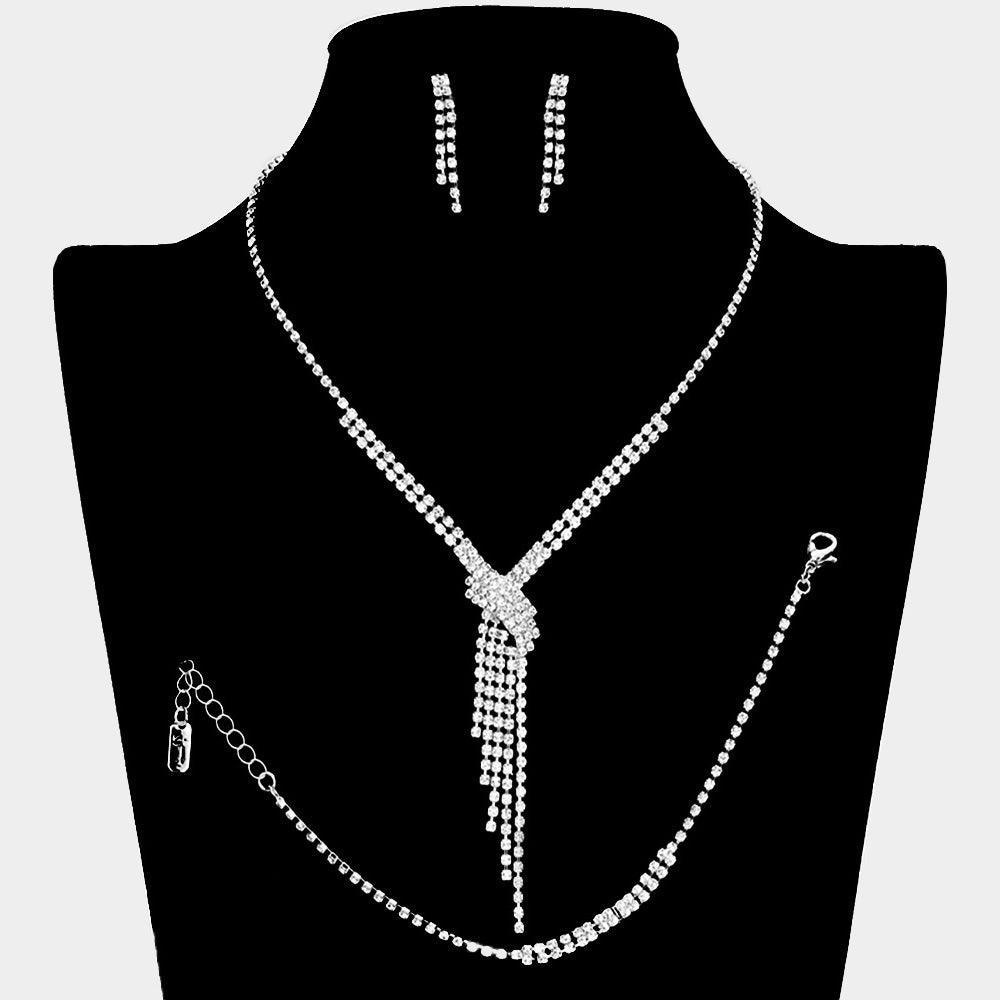 Silver Fringe V Shape Necklace Jewelry Set Rhinestone Paved