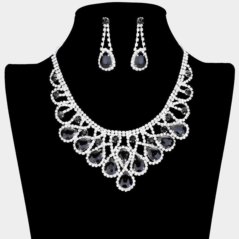 Black Crystal Teardrop Evening Necklace Rhinestone Paved