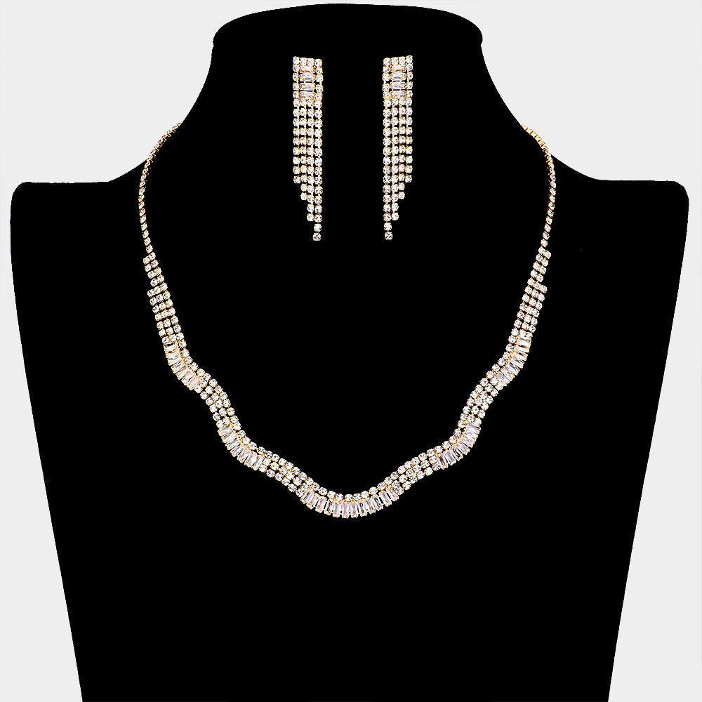 Gold CZ Wavy Necklace Rhinestone Paved