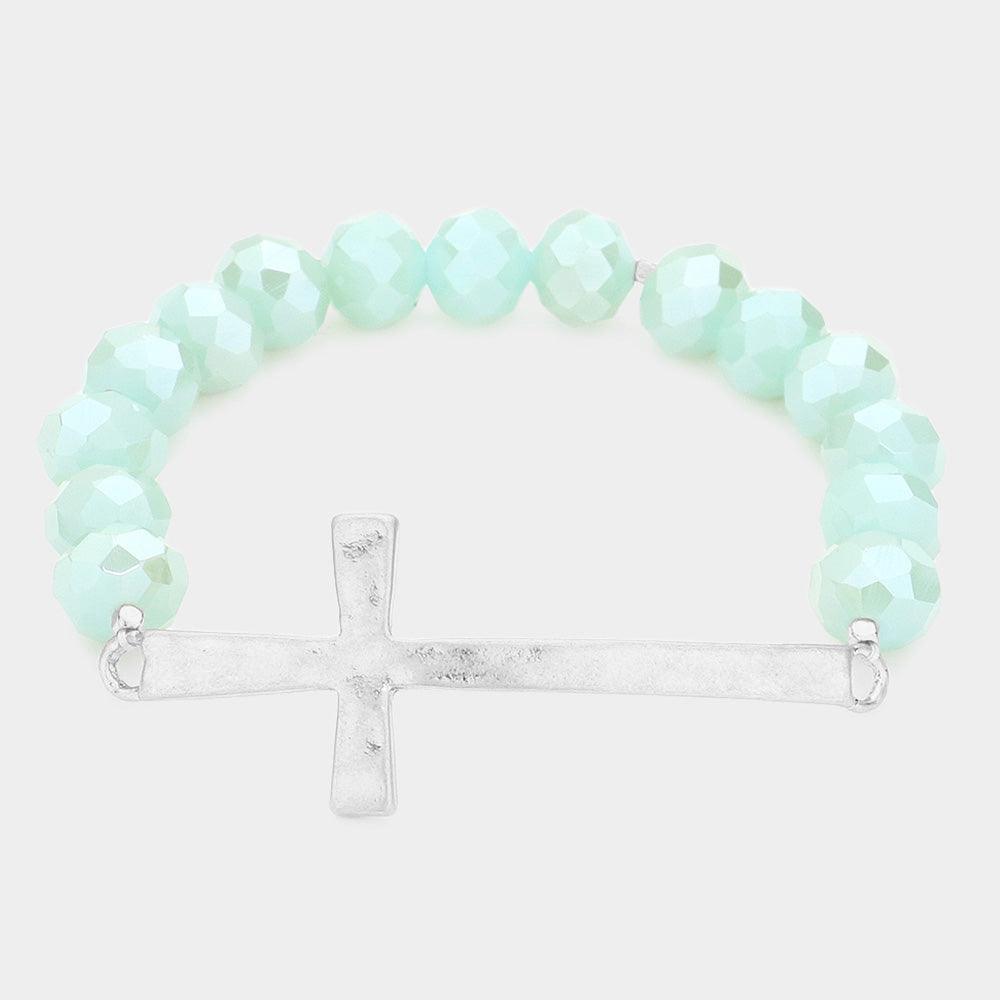 Silver Hammered Metal Cross Accented Faceted Beads Stretch Bracelet