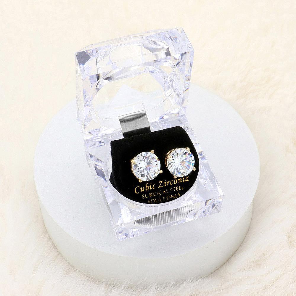 Gold 12mm Round Cut Crystal Cubic Zirconia CZ Stud Earrings with Clear Box