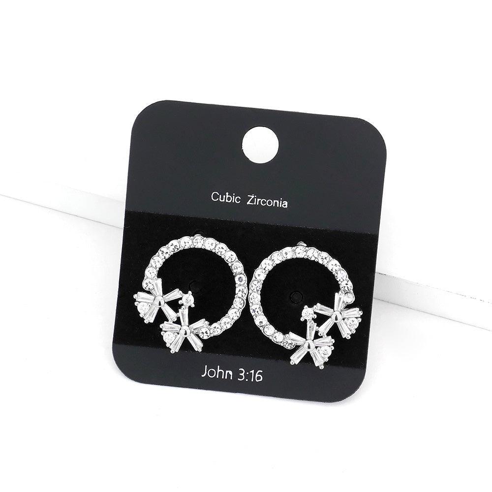 CZ Stone Pave Open Circle Flower Embellished Stud Earrings