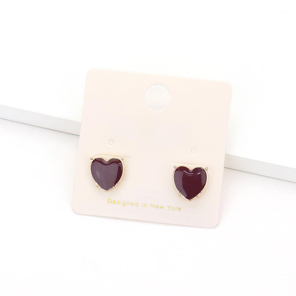 Burgundy Enamel Heart Stud Earrings
