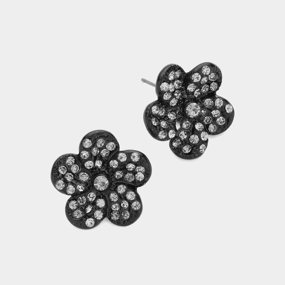 Black Rhinestone Pave Flower Stud Earrings