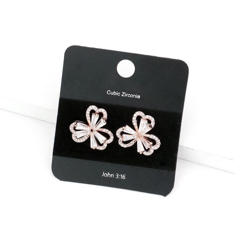 Rose Gold CZ Stone Clover Stud Earrings