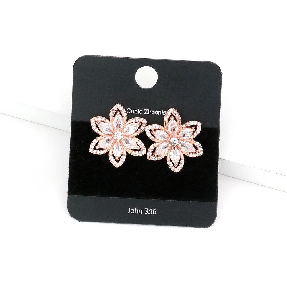Rose Gold CZ Stone Flower Stud Earrings