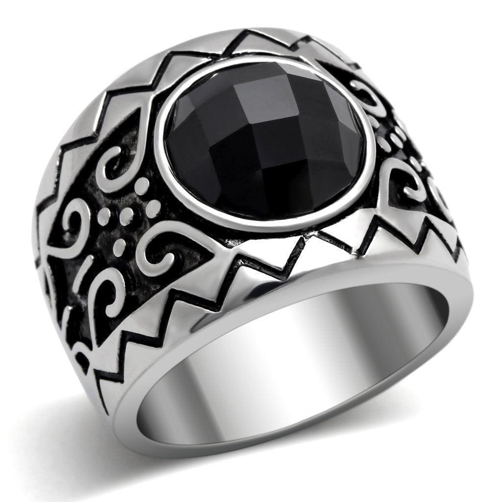 Anillo Color Plata Para Hombres de Acero Inoxidable Onyx Alto Redondo - Jewelry Store by Erik Rayo