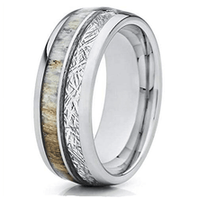 Load image into Gallery viewer, 6mm Silver Tungsten Wedding Band Rings for Men &amp; Women – Deer Antler &amp; White Meteorite Inlay Design
