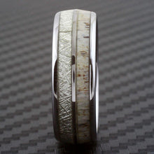 Load image into Gallery viewer, 6mm Silver Tungsten Wedding Band Rings for Men &amp; Women – Deer Antler &amp; White Meteorite Inlay Design
