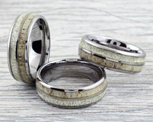 Load image into Gallery viewer, 6mm Silver Tungsten Wedding Band Rings for Men &amp; Women – Deer Antler &amp; White Meteorite Inlay Design
