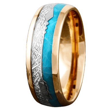 Men's Wedding Band Ring - Rose Gold Faux Blue Opal & Meteorite - Wedding Rings for Men & Women