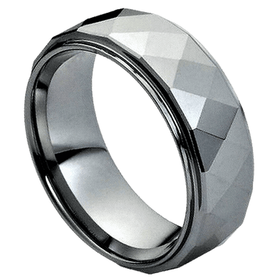 Tungsten Rings for Men Wedding Bands for Him Womens Wedding Bands for Her 8mm Shiny Facet Diamond Cut Design - Jewelry Store by Erik Rayo