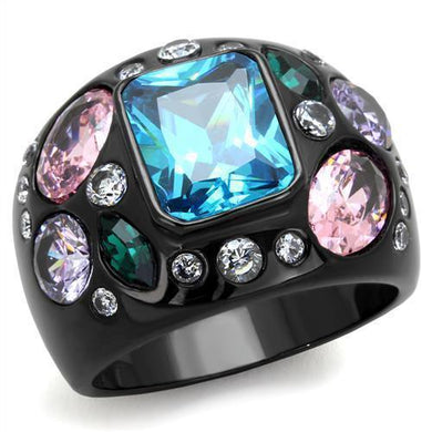 Womens Black Aquamarine Ring Anillo Para Mujer 316L Stainless Steel Ring with AAA Grade CZ in Sea Blue Prato - Jewelry Store by Erik Rayo