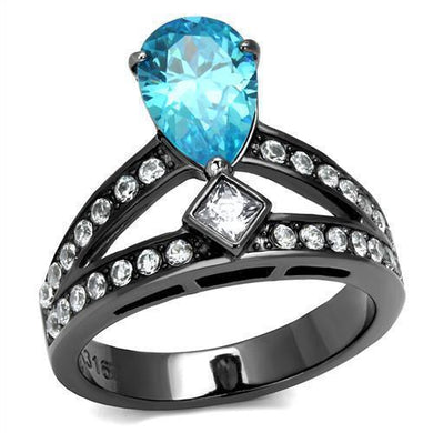 Womens Black Aquamarine Ring Anillo Para Mujer 316L Stainless Steel Ring with AAA Grade CZ in Sea Blue Youra - Jewelry Store by Erik Rayo