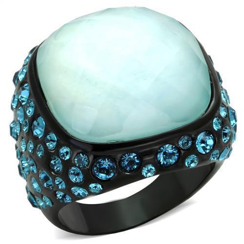 Womens Black Aquamarine Ring Anillo Para Mujer Stainless Steel Ring with Glass in Sea Blue Torcello - Jewelry Store by Erik Rayo