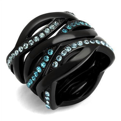 Womens Black Aquamarine Ring Anillo Para Mujer Unisex 316L Stainless Steel Ring with Top Grade Crystal in Sea Blue Delphine - Jewelry Store by Erik Rayo