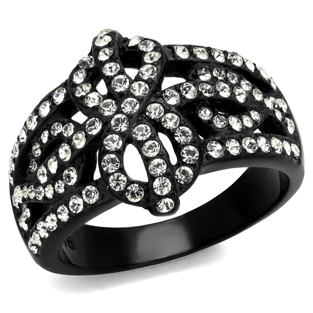Womens Black Ring Anillo Para Mujer Stainless Steel Ring with Top Grade Crystal in Clear Evelyn - Jewelry Store by Erik Rayo