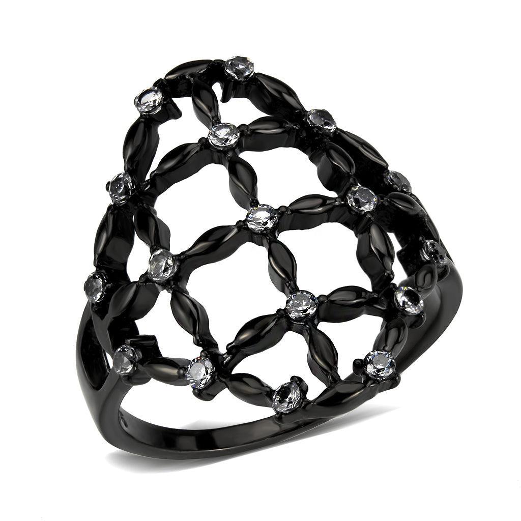 Womens Light Black Ring Anillo Para Mujer Stainless Steel Ring with AAA Grade CZ in Clear Dahlia - Jewelry Store by Erik Rayo