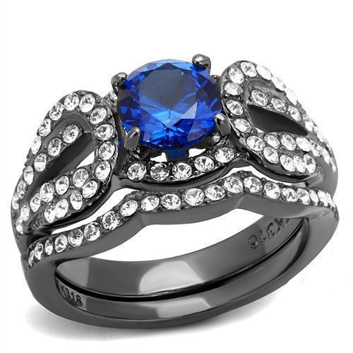 Womens Light Black Ring Anillo Para Mujer 316L Stainless Steel Ring with Synthetic Spinel in London Blue Damascus - Jewelry Store by Erik Rayo