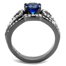 Load image into Gallery viewer, Womens Light Black Ring Anillo Para Mujer 316L Stainless Steel Ring with Synthetic Spinel in London Blue Damascus - Jewelry Store by Erik Rayo

